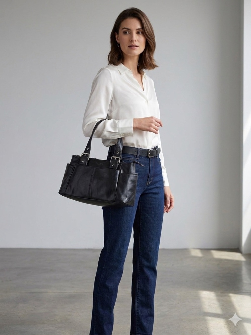 Kenneth Cole Reaction Black Faux Leather Multi-Pocket Satchel Handbag